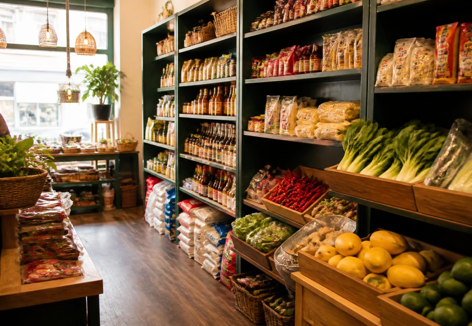 Shelves of Asian grocery staples in a partner store
